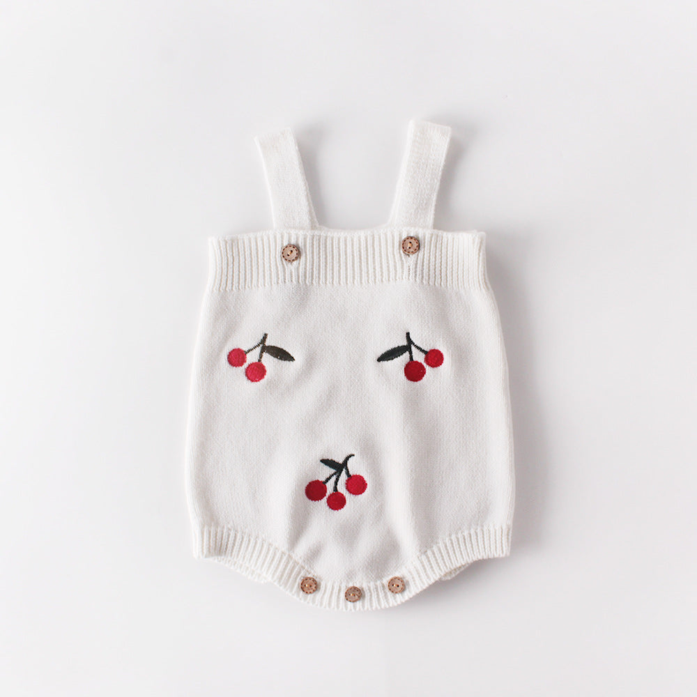 Baby Girl Cherry Embroidered Graphic Crotch Knitted Bodysuit with Button Front Sweater Coat Set in white and red colors.