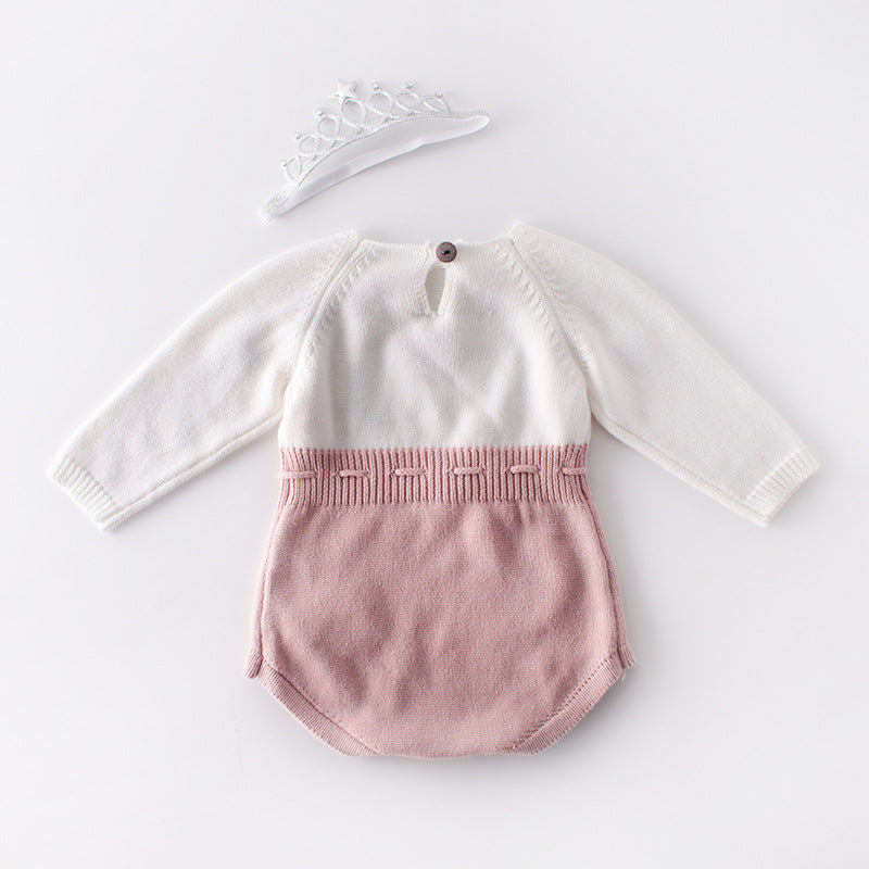 Baby girl floral embroidered knitted onesie in pink with contrast design, featuring a secure belted waist for comfort.