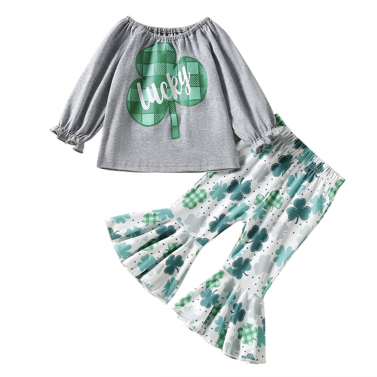 Baby girl outfit featuring a long sleeve top with 4-Leaves Grass Graphic and ruffle hem pants in green, perfect for summer play.