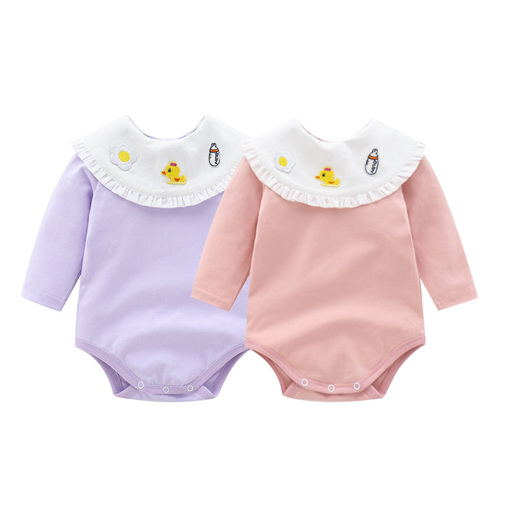 Baby girl long sleeved bodysuit with cartoon embroidery and ruffle neck in pink and purple colors.