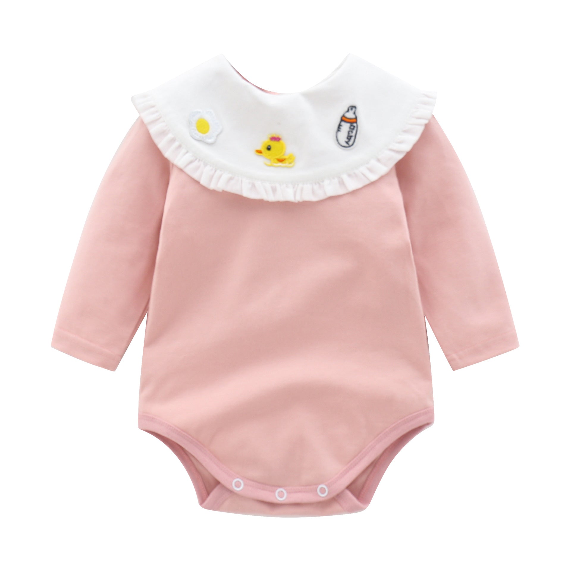 Baby girl long sleeved bodysuit with cartoon embroidery and ruffle neck in pink and purple colors.