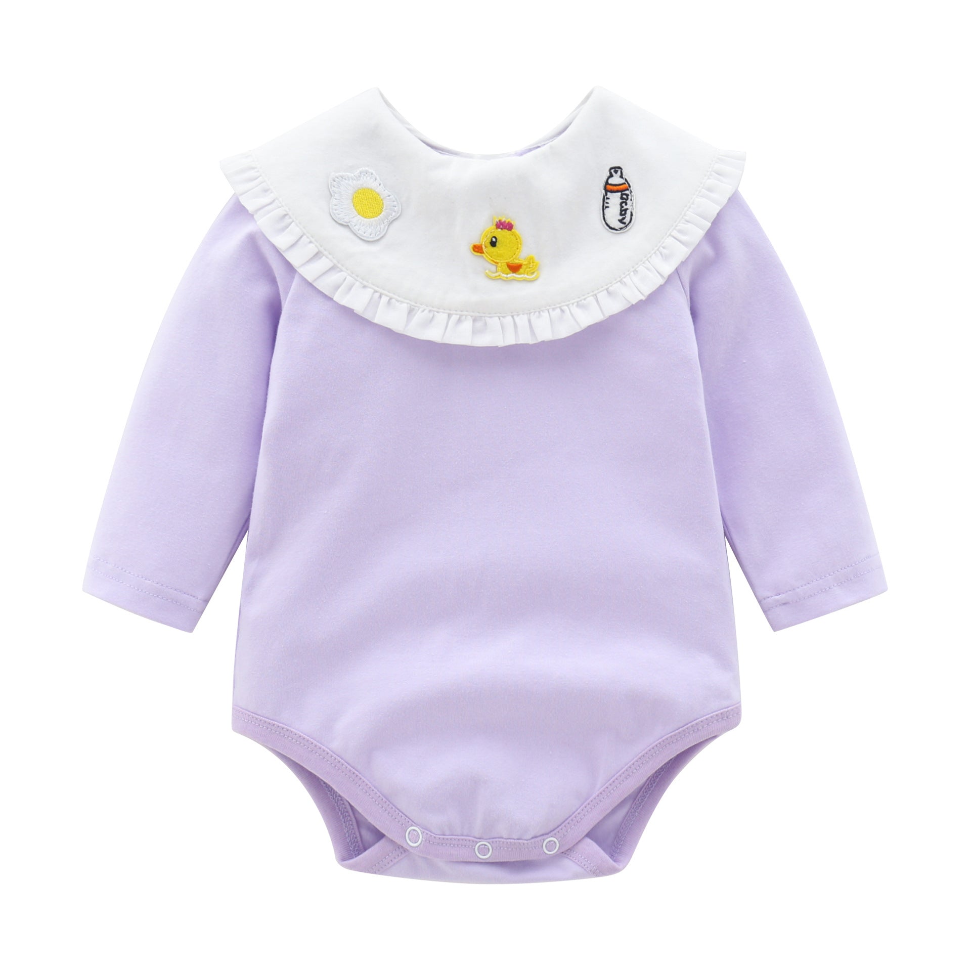 Baby girl long sleeved bodysuit with cartoon embroidery and ruffle neck in pink and purple colors.