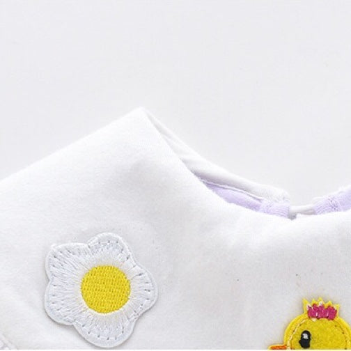 Baby girl long sleeved bodysuit with cartoon embroidery and ruffle neck in pink and purple colors.