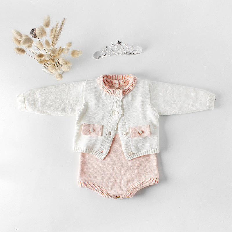 Baby girl contrast longsleeve knit bodysuit and cardigan set in white and pink, showcasing stylish design and soft cotton material.