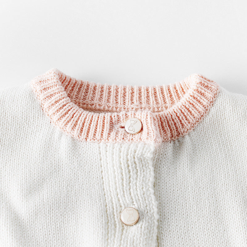 Baby girl contrast longsleeve knit bodysuit and cardigan set in white and pink, showcasing stylish design and soft cotton material.