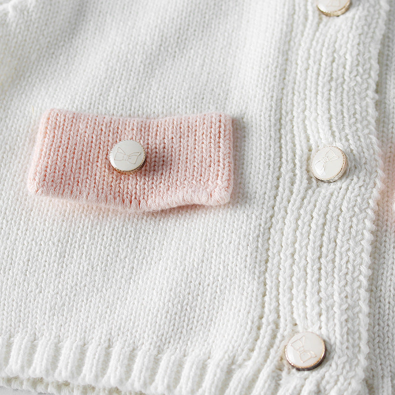 Baby girl contrast longsleeve knit bodysuit and cardigan set in white and pink, showcasing stylish design and soft cotton material.