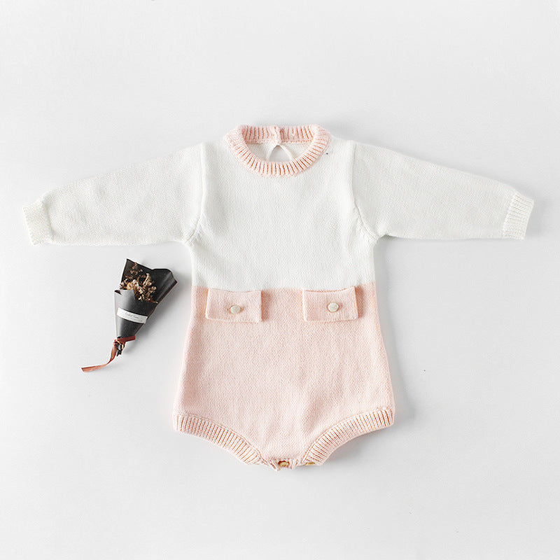 Baby girl contrast longsleeve knit bodysuit and cardigan set in white and pink, showcasing stylish design and soft cotton material.