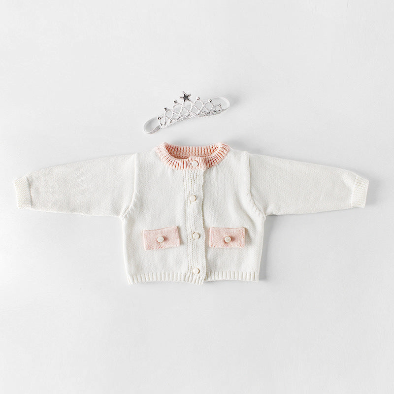 Baby girl contrast longsleeve knit bodysuit and cardigan set in white and pink, showcasing stylish design and soft cotton material.