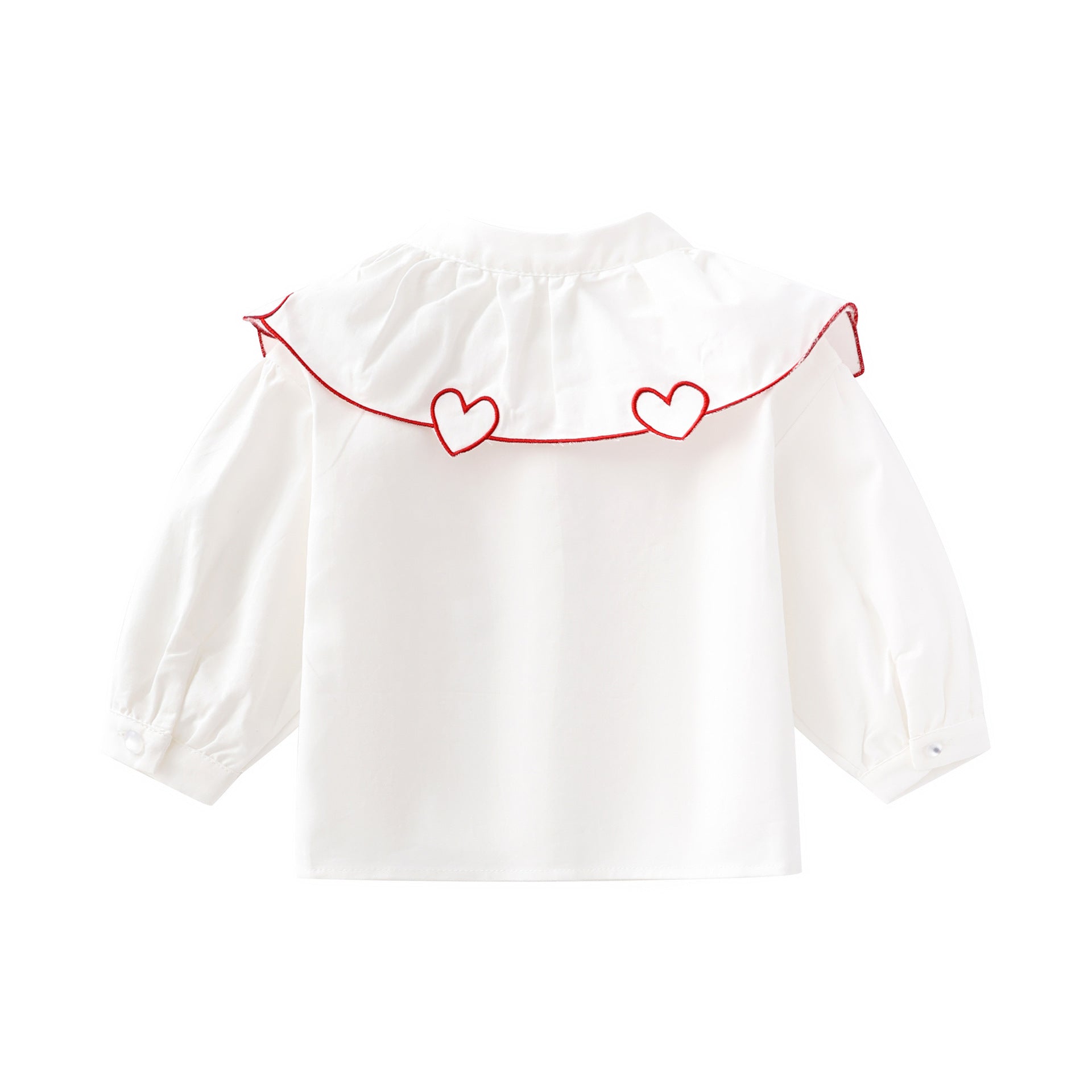 Baby Girl 1pcs Heart Neck Shirt with Crystal Buttons in White Cotton, perfect for summer occasions.