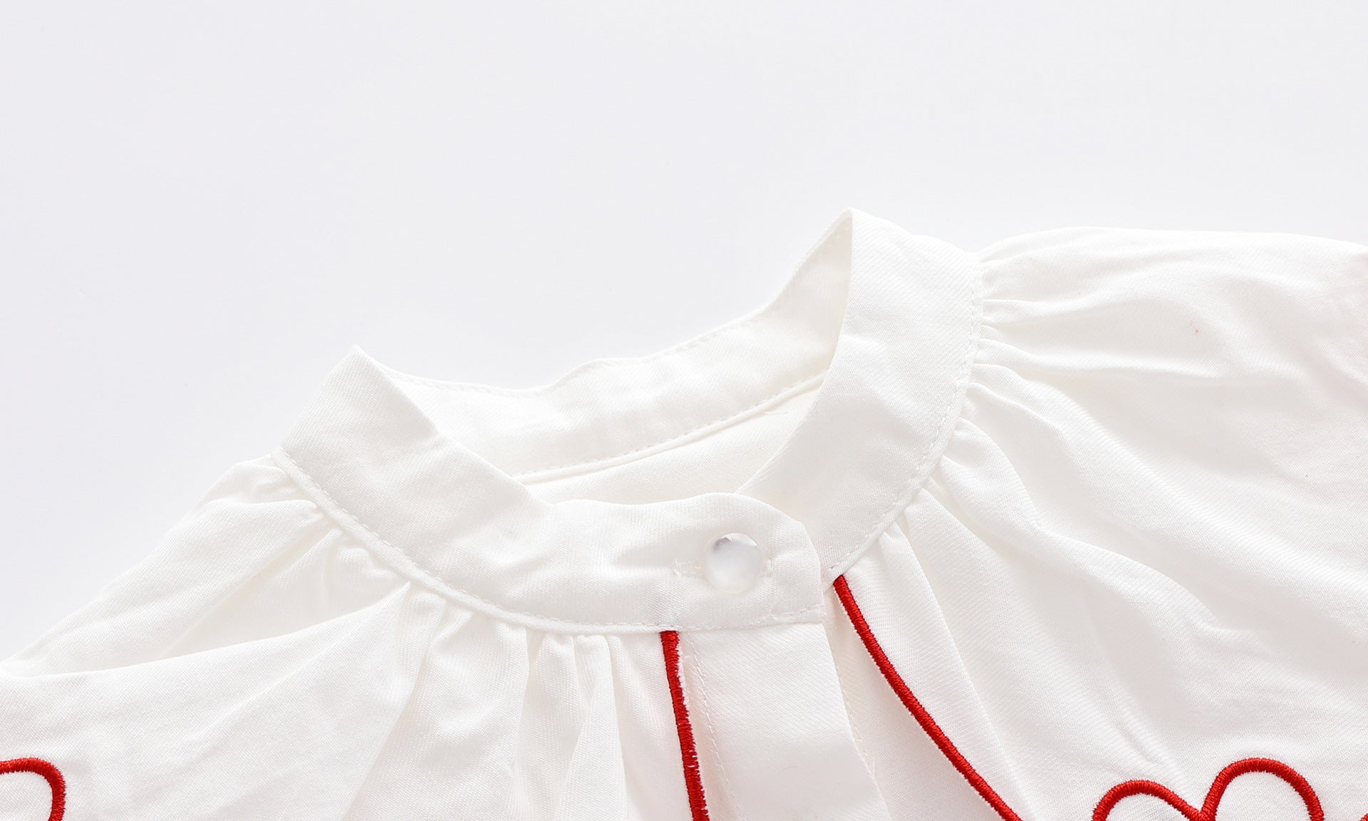 Baby Girl 1pcs Heart Neck Shirt with Crystal Buttons in White Cotton, perfect for summer occasions.