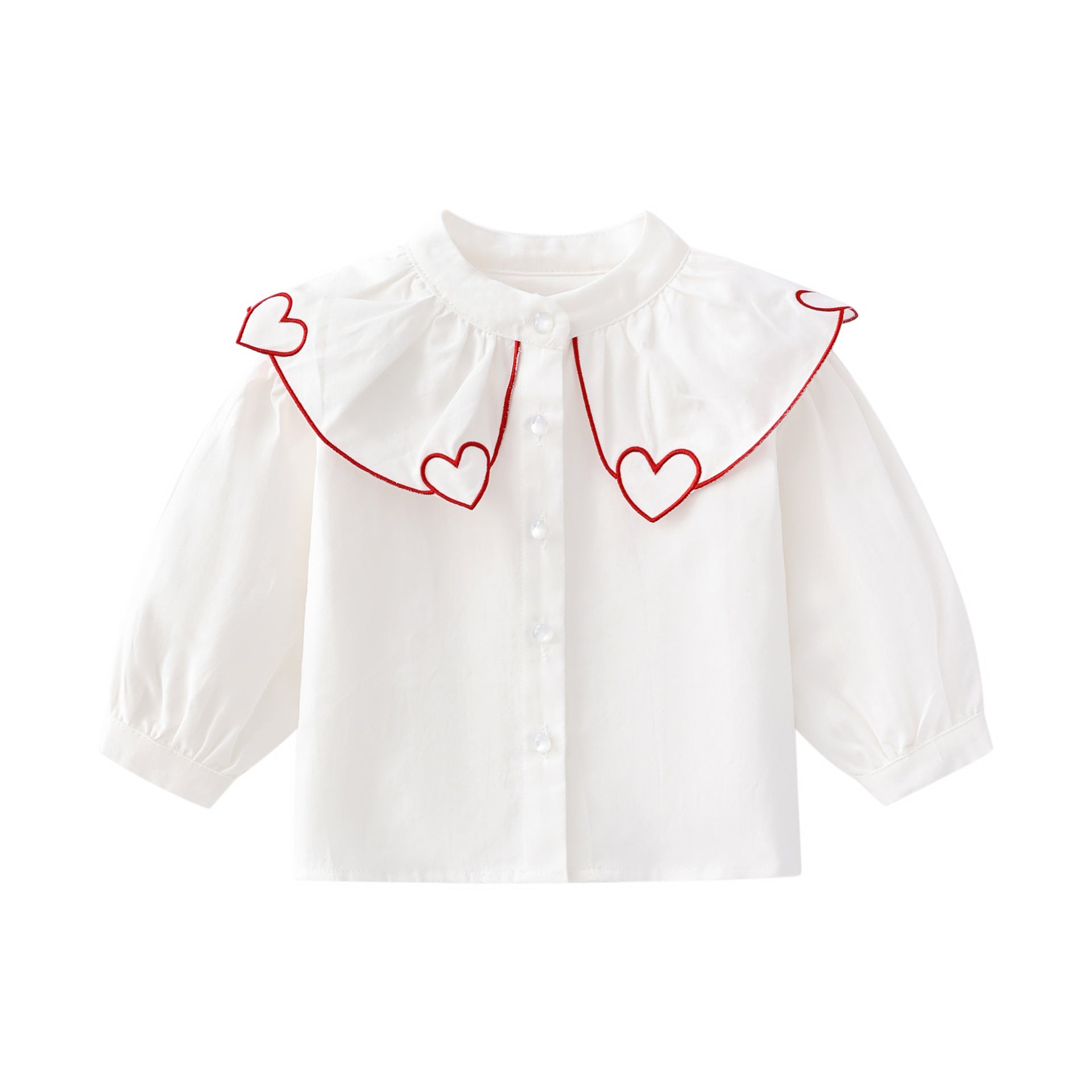 Baby Girl 1pcs Heart Neck Shirt with Crystal Buttons in White Cotton, perfect for summer occasions.