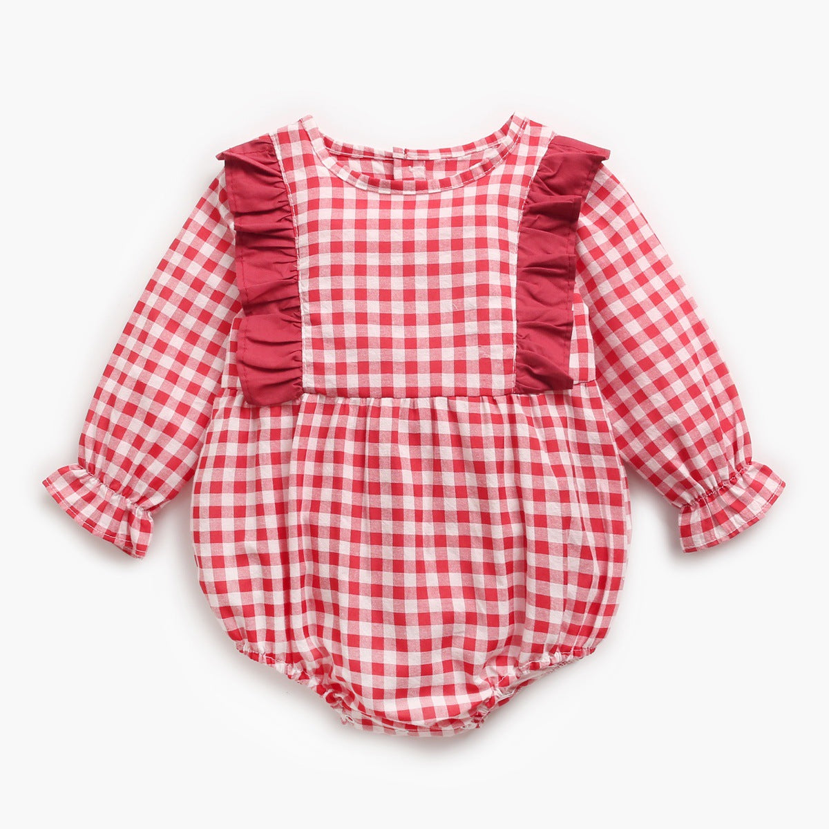 Baby girl bodysuit featuring a plaid pattern with ruffles and puff sleeves in red and yellow colors.