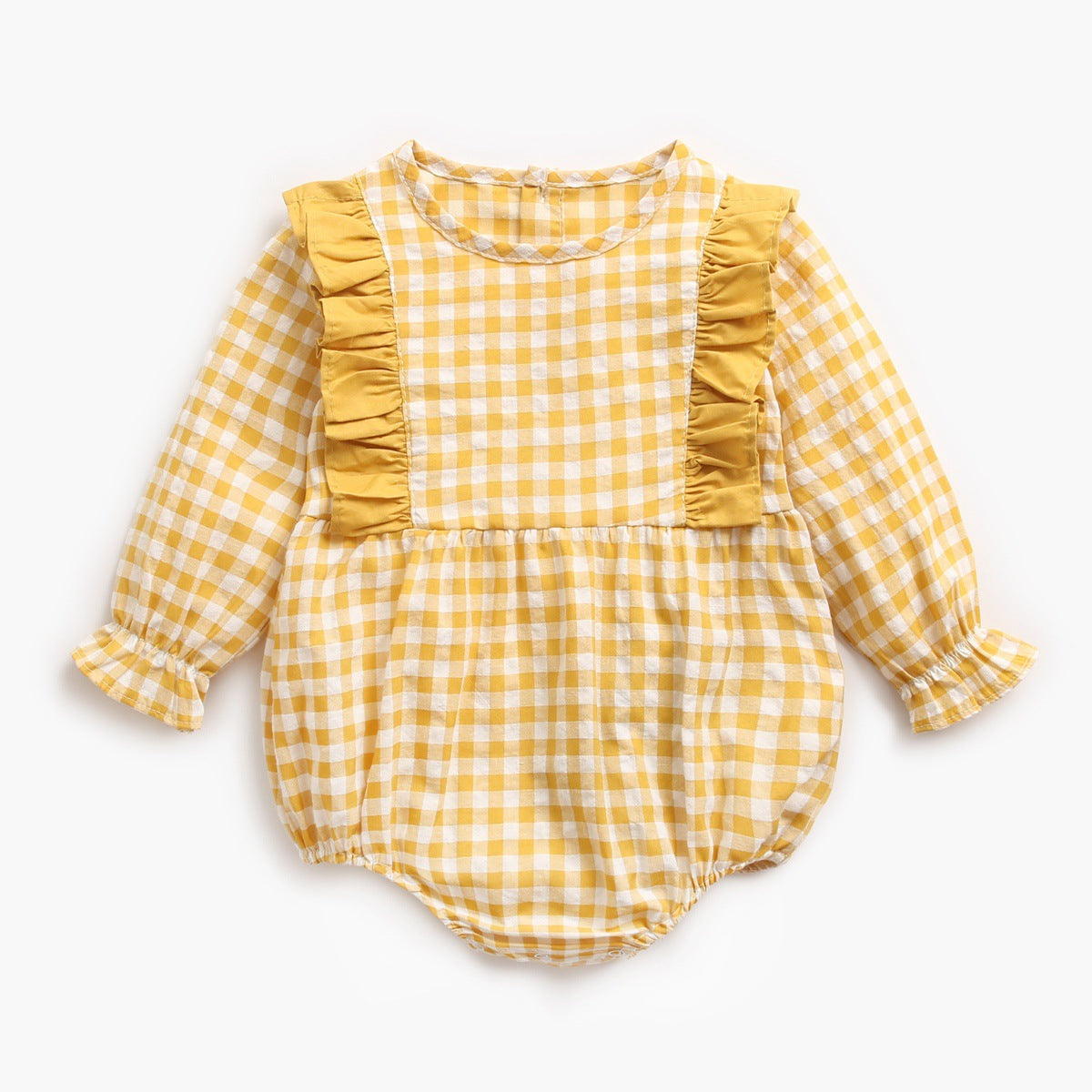 Baby girl bodysuit featuring a plaid pattern with ruffles and puff sleeves in red and yellow colors.