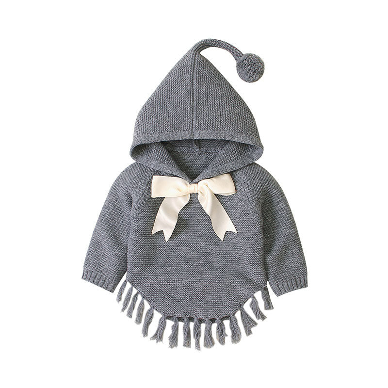 Baby girl wearing a knitted hoodie with a big bow tie design in red, grey, and brown colors, perfect for spring and autumn.