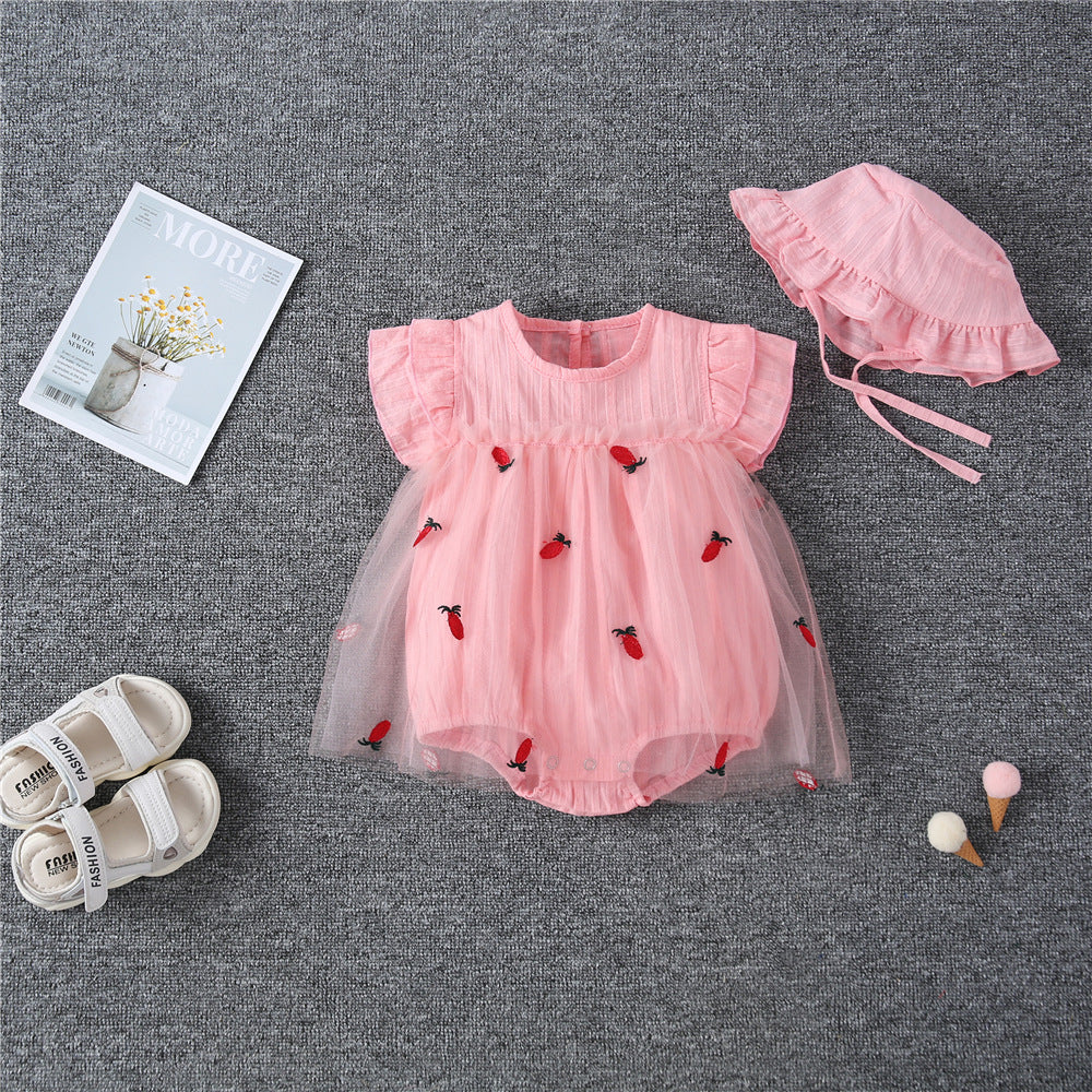 Baby girl dress featuring pineapple embroidery and mesh overlay, perfect for summer occasions.