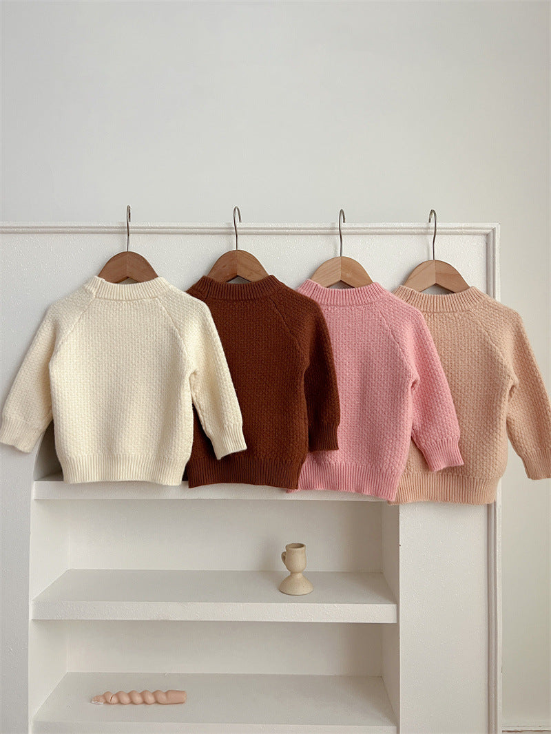 Baby Girl Solid Knitting Sweater in Pink, Beige, Apricot, and Coffee colors, featuring a round collar design.