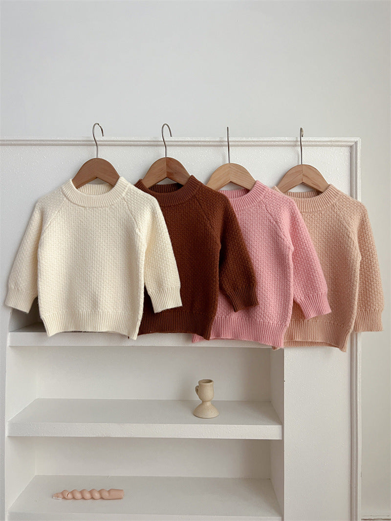 Baby Girl Solid Knitting Sweater in Pink, Beige, Apricot, and Coffee colors, featuring a round collar design.