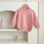 Baby Girl Solid Knitting Sweater in Pink, Beige, Apricot, and Coffee colors, featuring a round collar design.