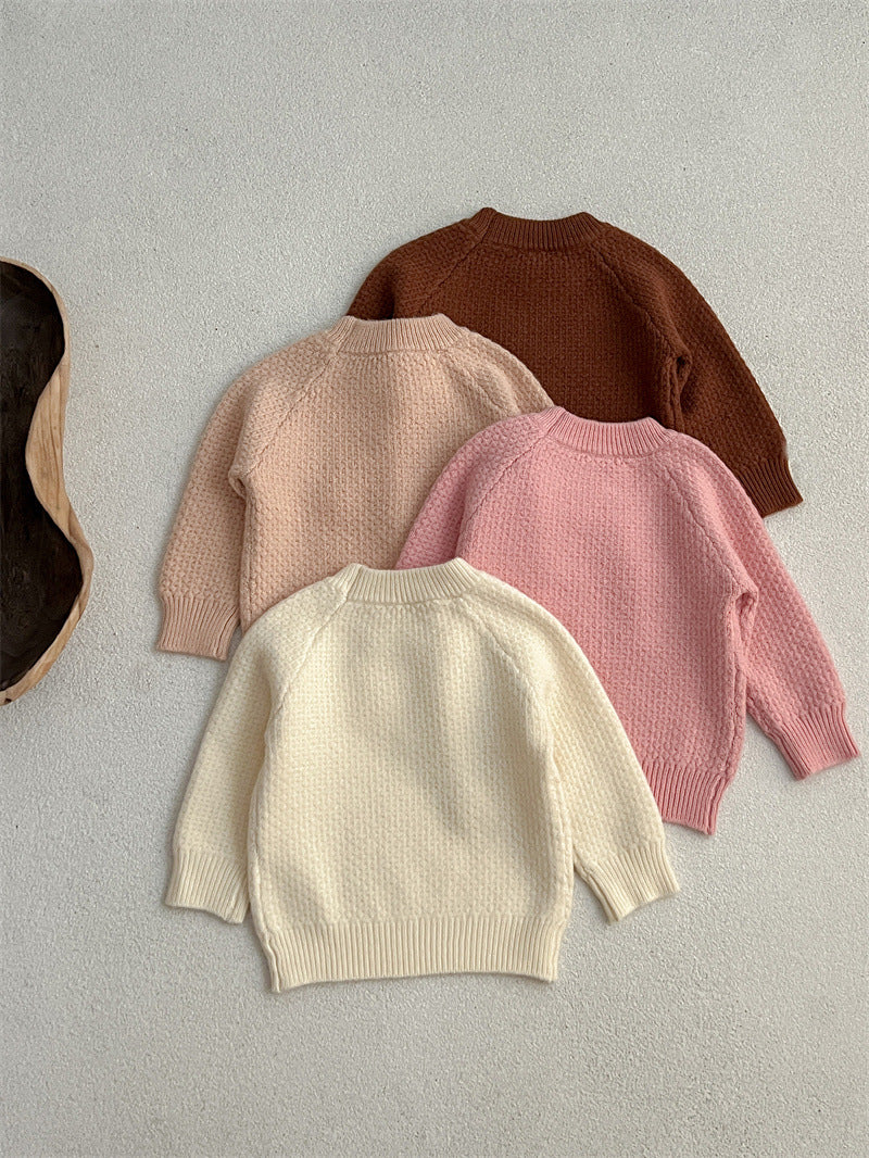 Baby Girl Solid Knitting Sweater in Pink, Beige, Apricot, and Coffee colors, featuring a round collar design.