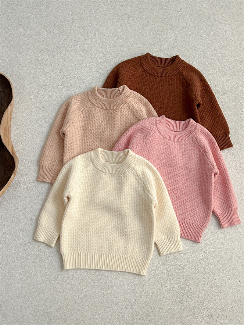 Baby Girl Solid Knitting Sweater in Pink, Beige, Apricot, and Coffee colors, featuring a round collar design.