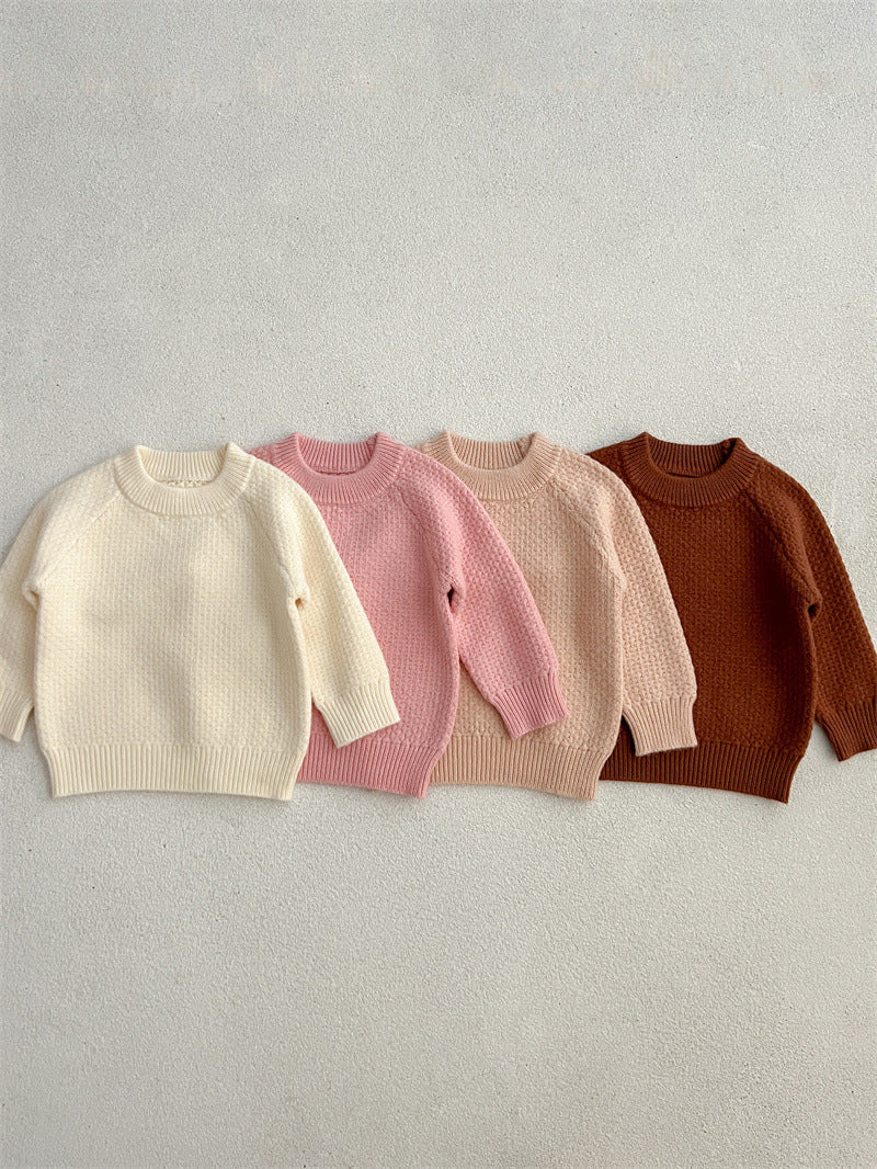 Baby Girl Solid Knitting Sweater in Pink, Beige, Apricot, and Coffee colors, featuring a round collar design.