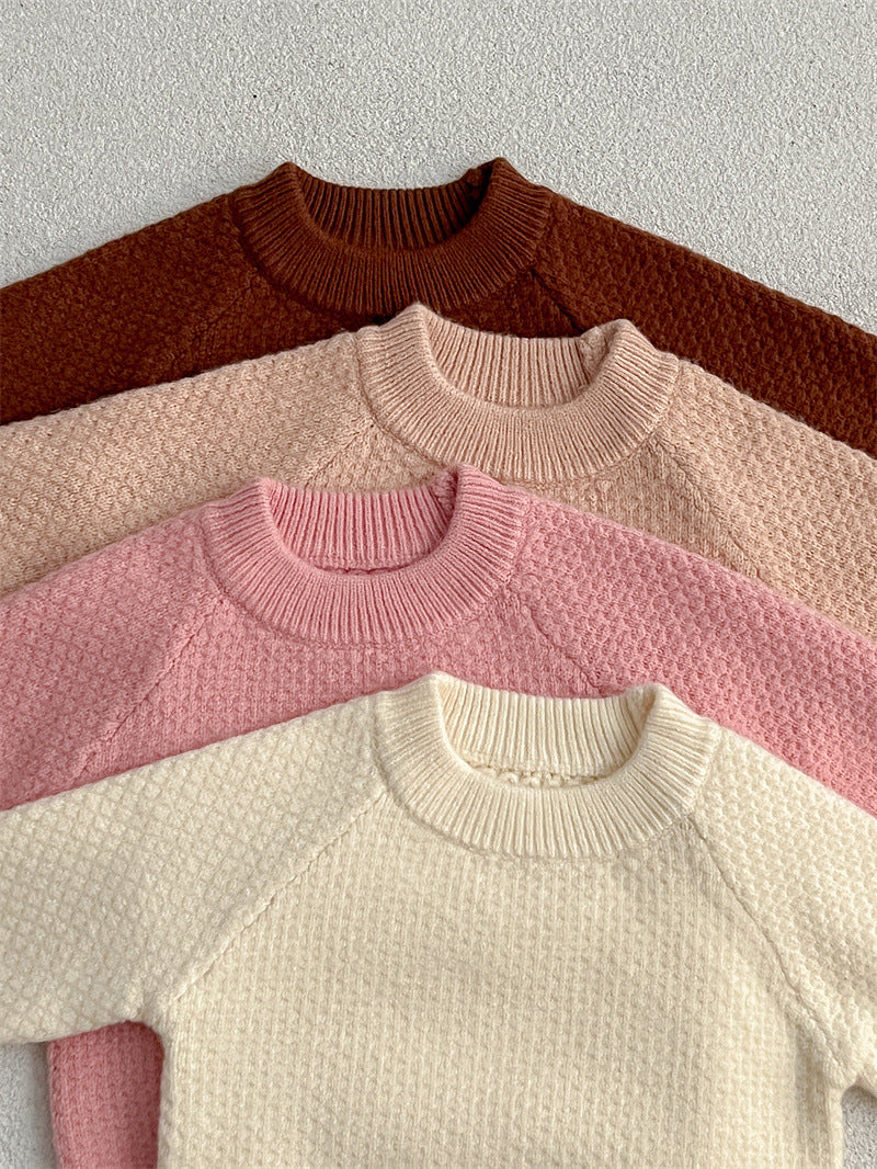 Baby Girl Solid Knitting Sweater in Pink, Beige, Apricot, and Coffee colors, featuring a round collar design.