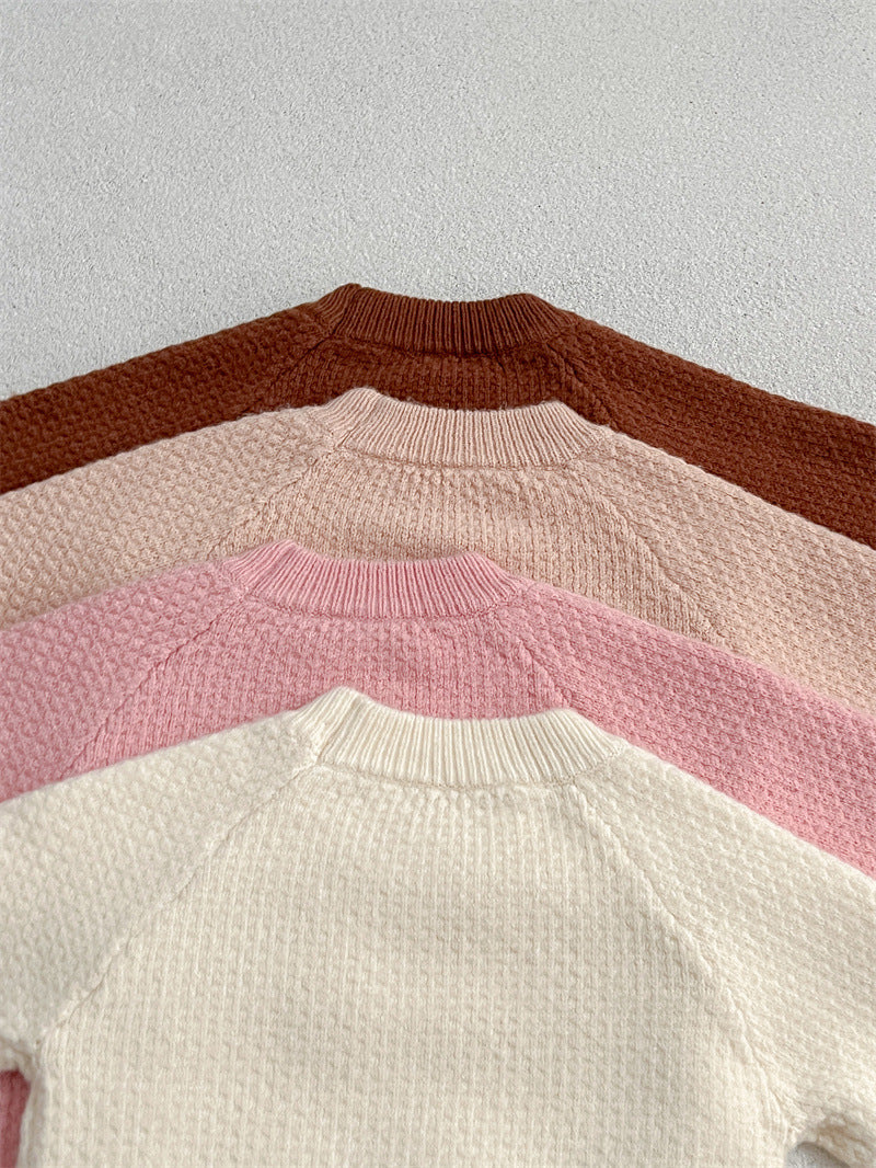 Baby Girl Solid Knitting Sweater in Pink, Beige, Apricot, and Coffee colors, featuring a round collar design.