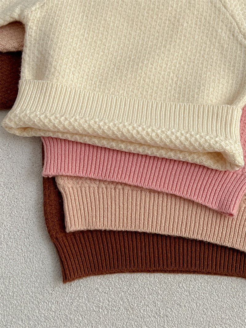 Baby Girl Solid Knitting Sweater in Pink, Beige, Apricot, and Coffee colors, featuring a round collar design.