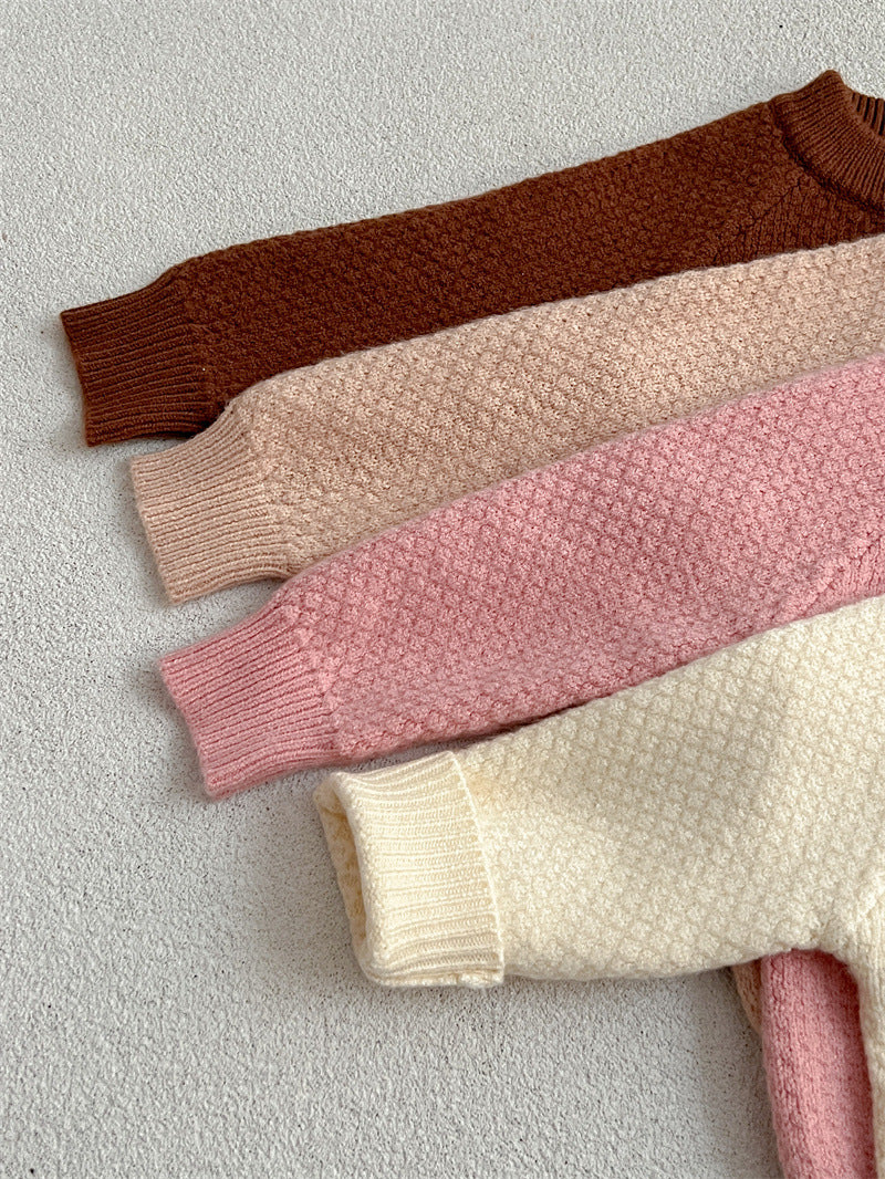 Baby Girl Solid Knitting Sweater in Pink, Beige, Apricot, and Coffee colors, featuring a round collar design.