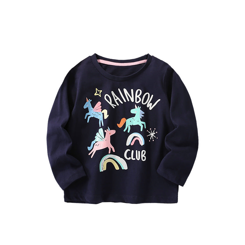 Baby girl wearing a colorful cartoon pattern crewneck shirt, showcasing vibrant colors and playful designs.