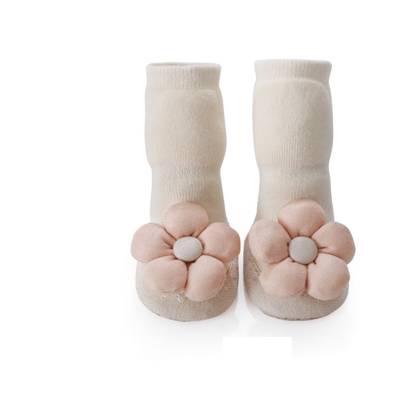 Baby Girl Big Flower Design Non-Slip Mid Tube Shoes in pink, khaki, and beige with floral pattern.