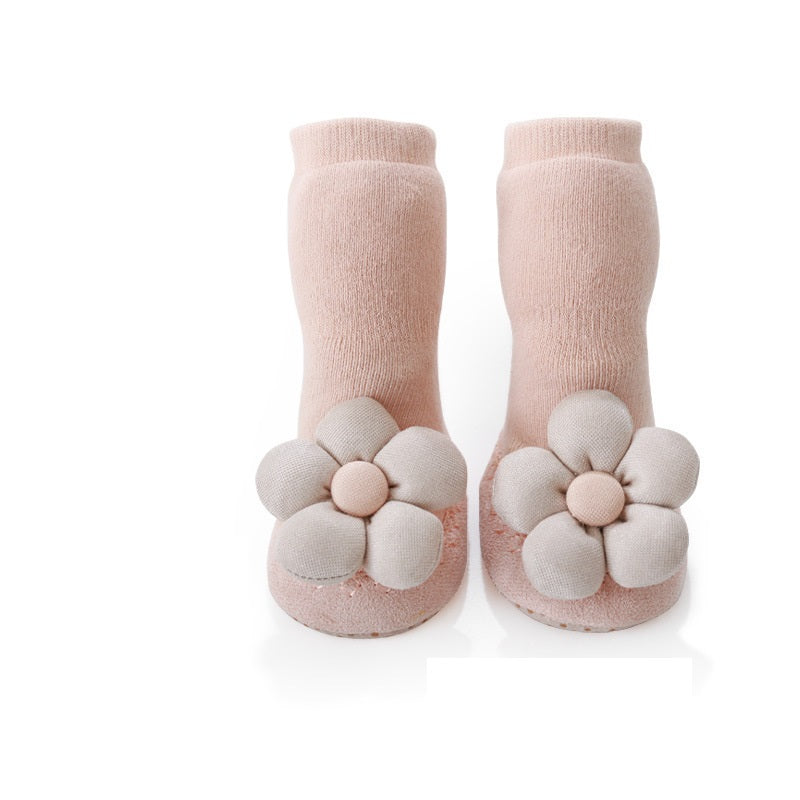 Baby Girl Big Flower Design Non-Slip Mid Tube Shoes in pink, khaki, and beige with floral pattern.