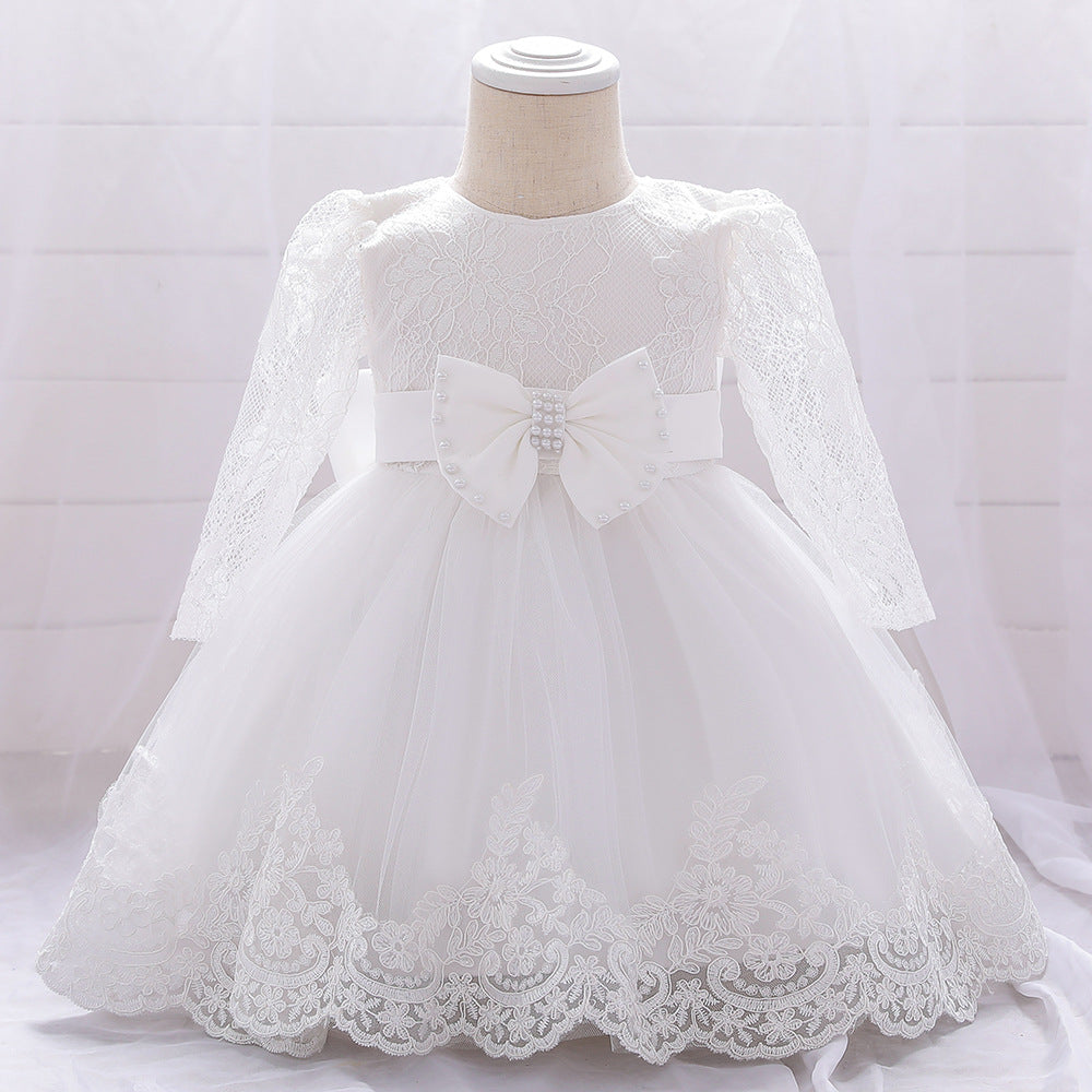 A beautiful Baby Girl Bow Patched Design Long Sleeves Full Moon Christening Mesh dress featuring delicate embroidered bows and a soft mesh fabric.