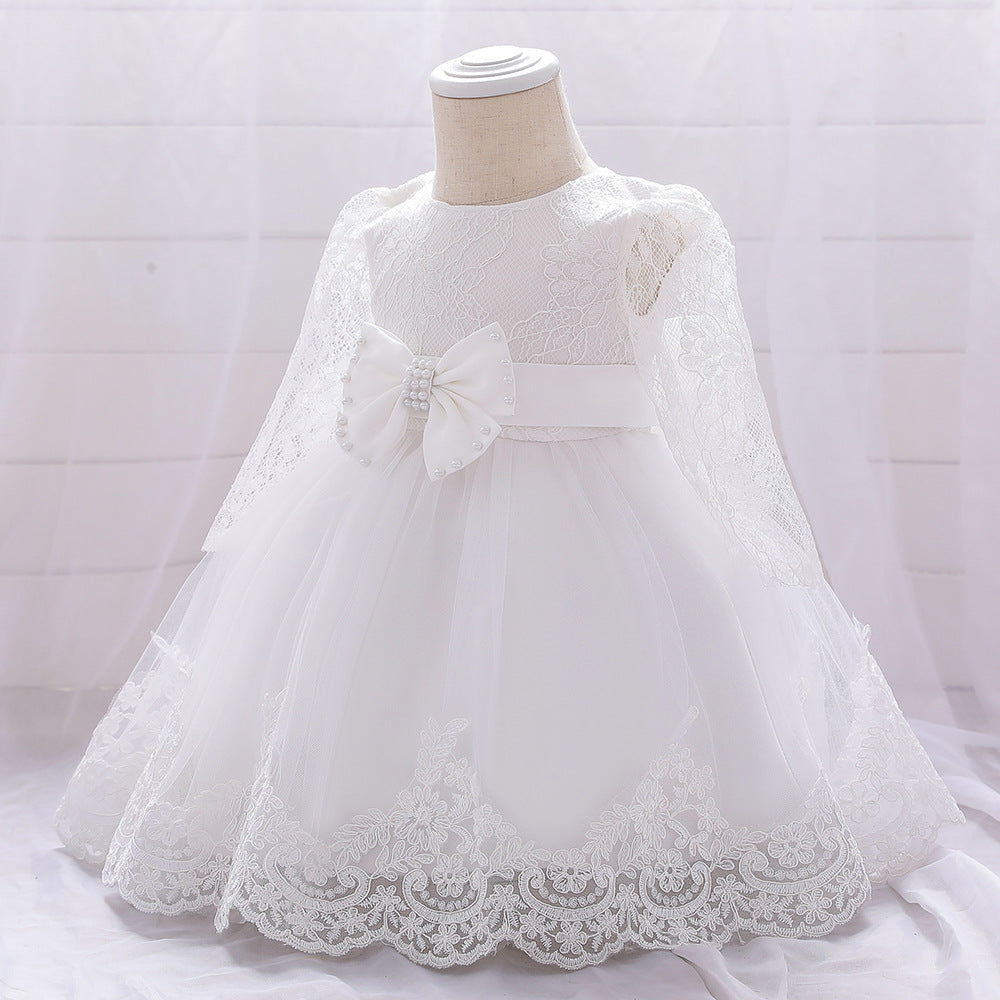 A beautiful Baby Girl Bow Patched Design Long Sleeves Full Moon Christening Mesh dress featuring delicate embroidered bows and a soft mesh fabric.