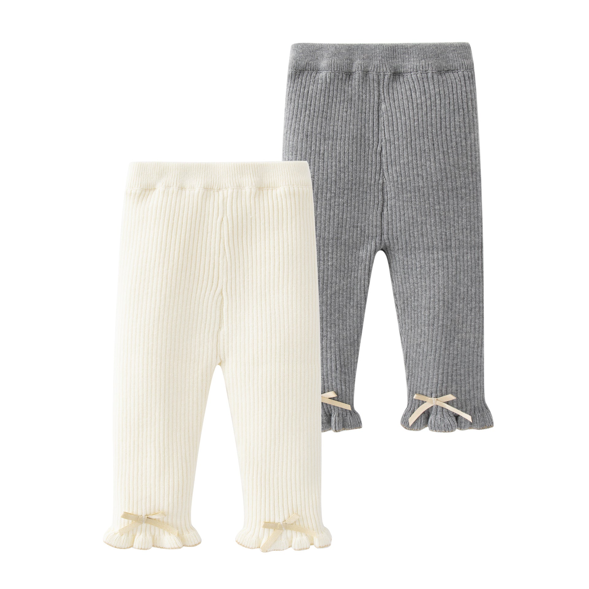 Baby girl comfy pants with bow tie patch design in white and grey colors, made from soft cotton material.