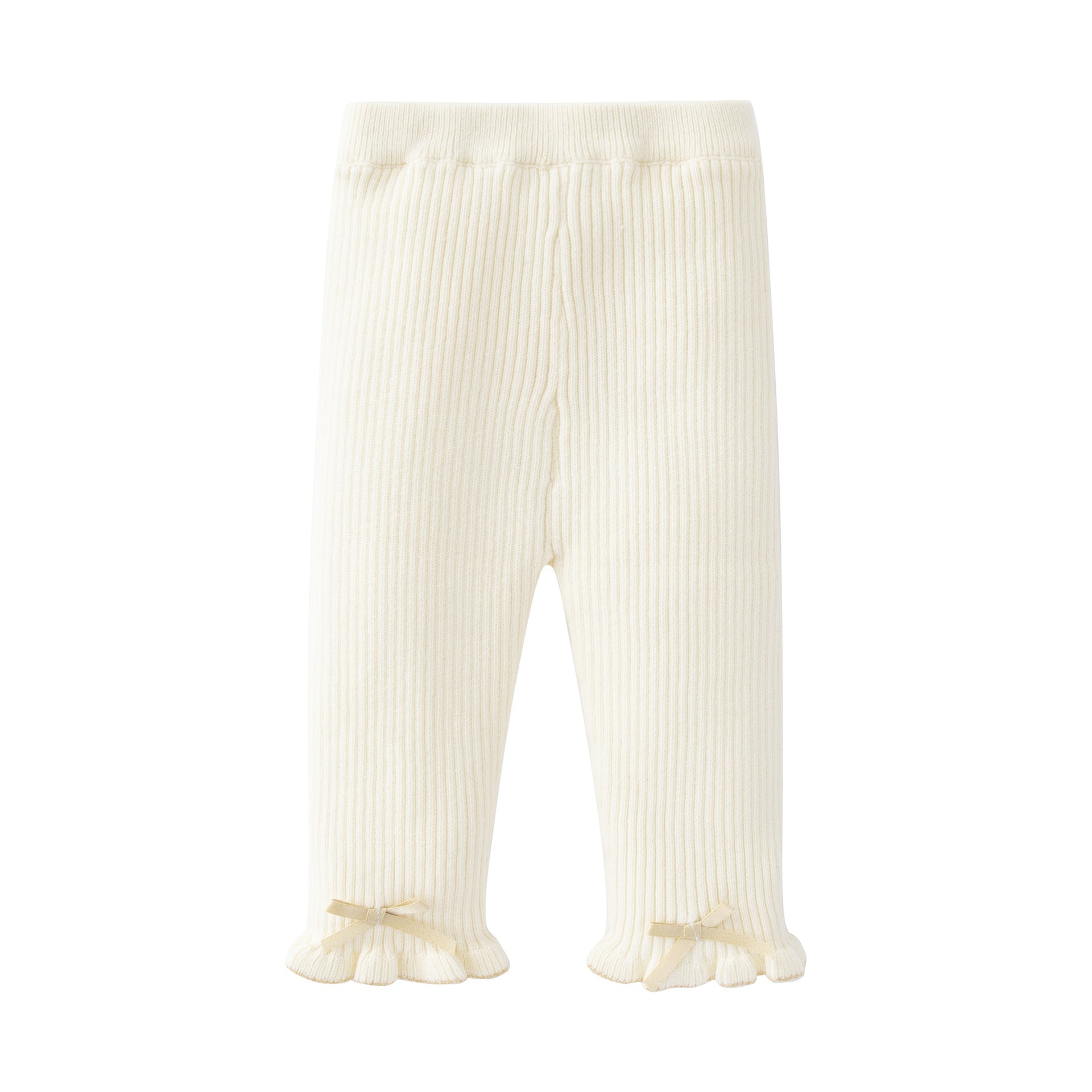 Baby girl comfy pants with bow tie patch design in white and grey colors, made from soft cotton material.