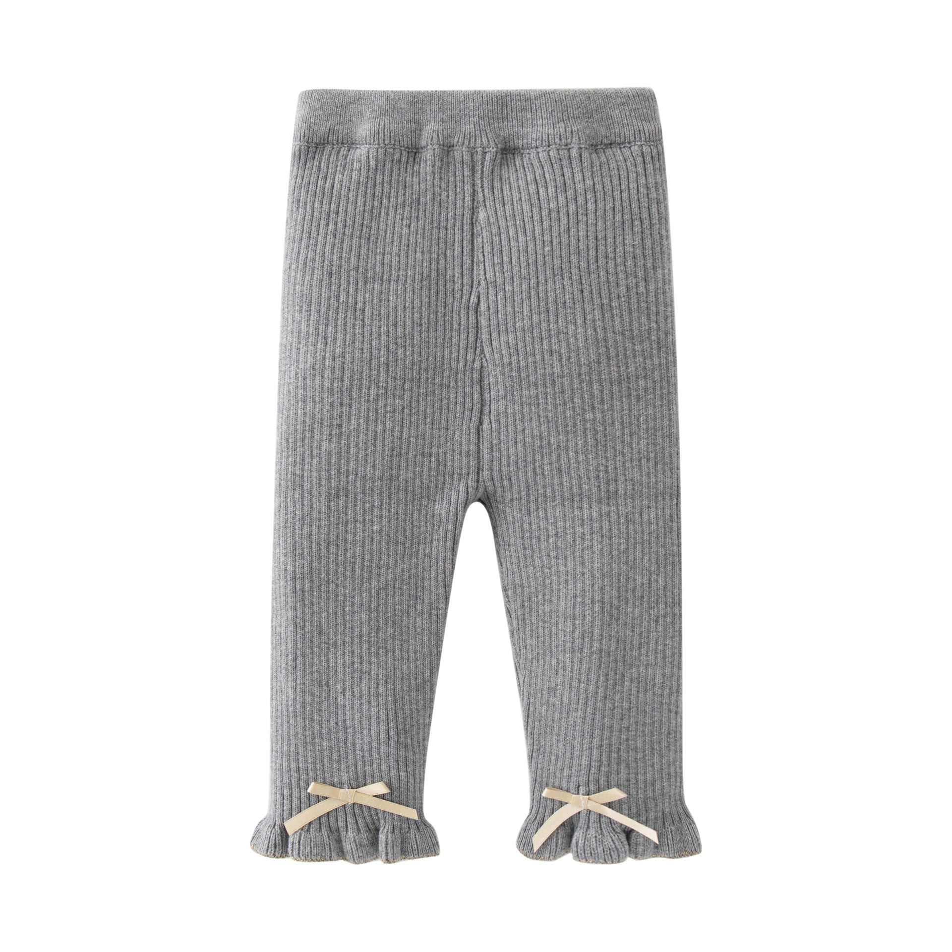 Baby girl comfy pants with bow tie patch design in white and grey colors, made from soft cotton material.