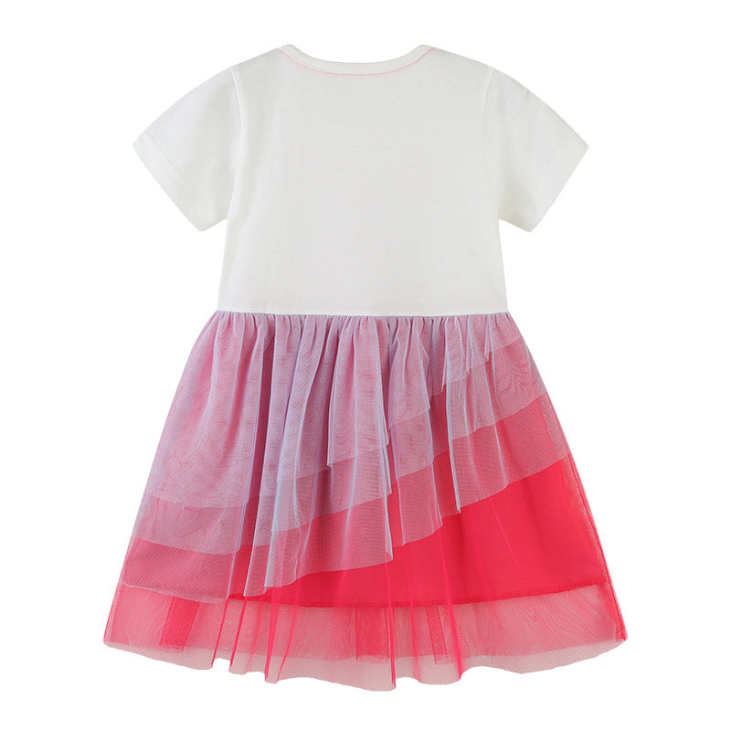 A pink Baby Girl Butterfly Patched Pattern Mesh Patchwork Dress featuring colorful butterfly patches and a breathable design, perfect for summer wear.