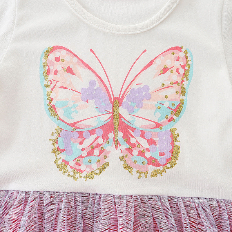 A pink Baby Girl Butterfly Patched Pattern Mesh Patchwork Dress featuring colorful butterfly patches and a breathable design, perfect for summer wear.