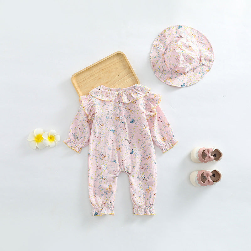 Adorable Baby Girl Butterfly Pattern Ruffle Collar Jumpsuit in pink with floral and animal designs, perfect for infants and toddlers.