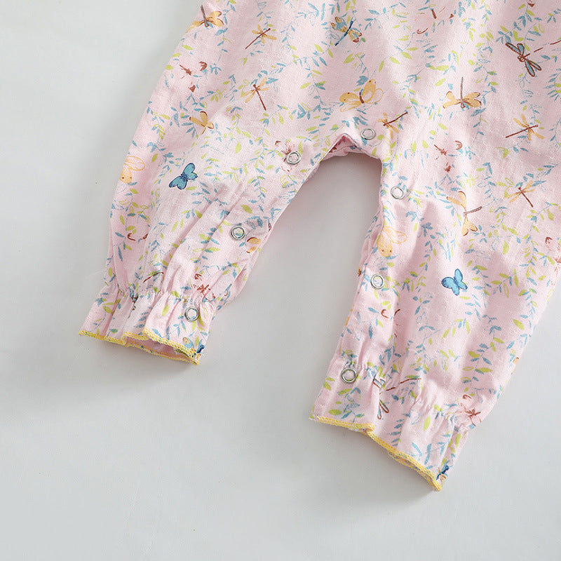 Adorable Baby Girl Butterfly Pattern Ruffle Collar Jumpsuit in pink with floral and animal designs, perfect for infants and toddlers.