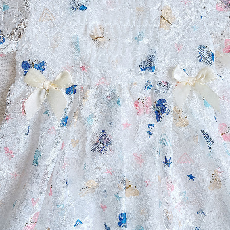 A beautiful baby girl dress featuring a butterfly print and lace patchwork design with a square collar, perfect for summer occasions.