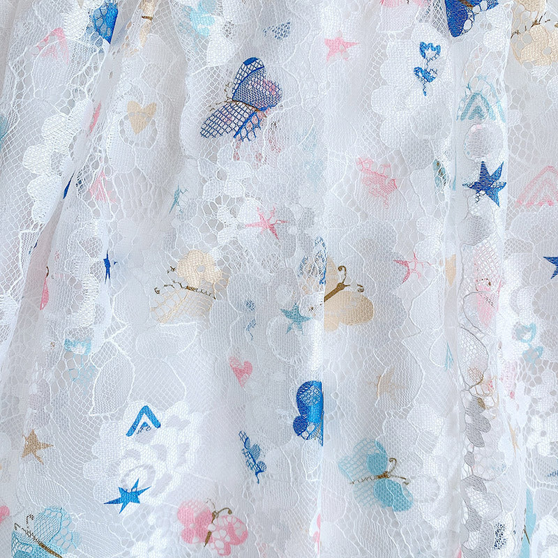 A beautiful baby girl dress featuring a butterfly print and lace patchwork design with a square collar, perfect for summer occasions.