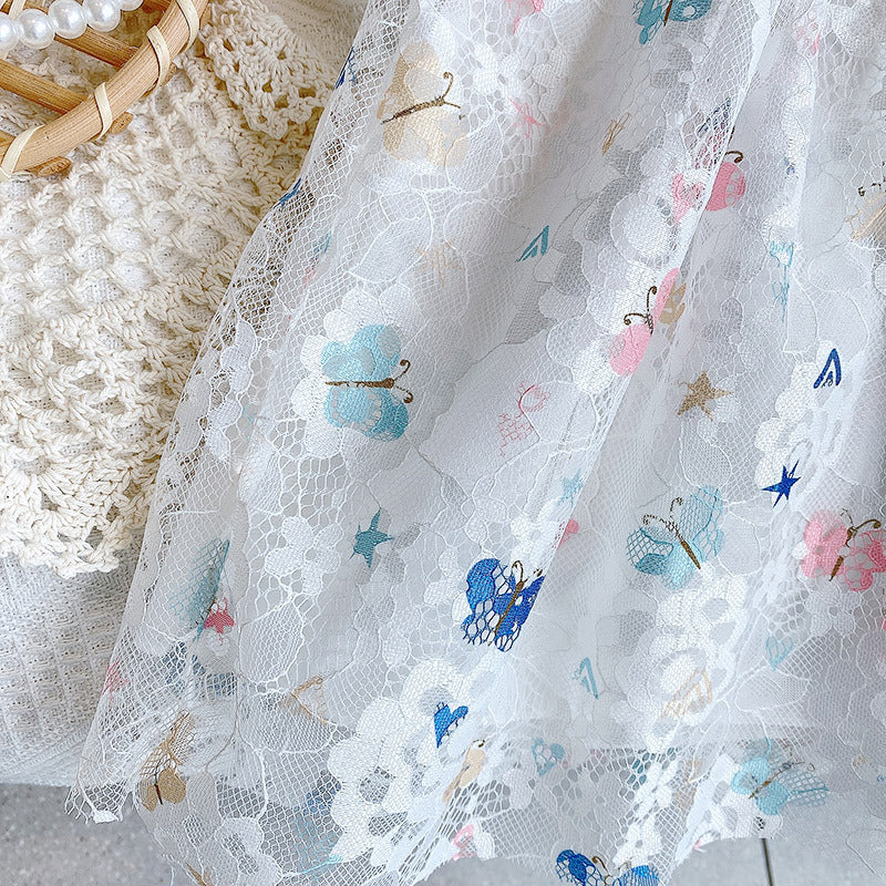 A beautiful baby girl dress featuring a butterfly print and lace patchwork design with a square collar, perfect for summer occasions.