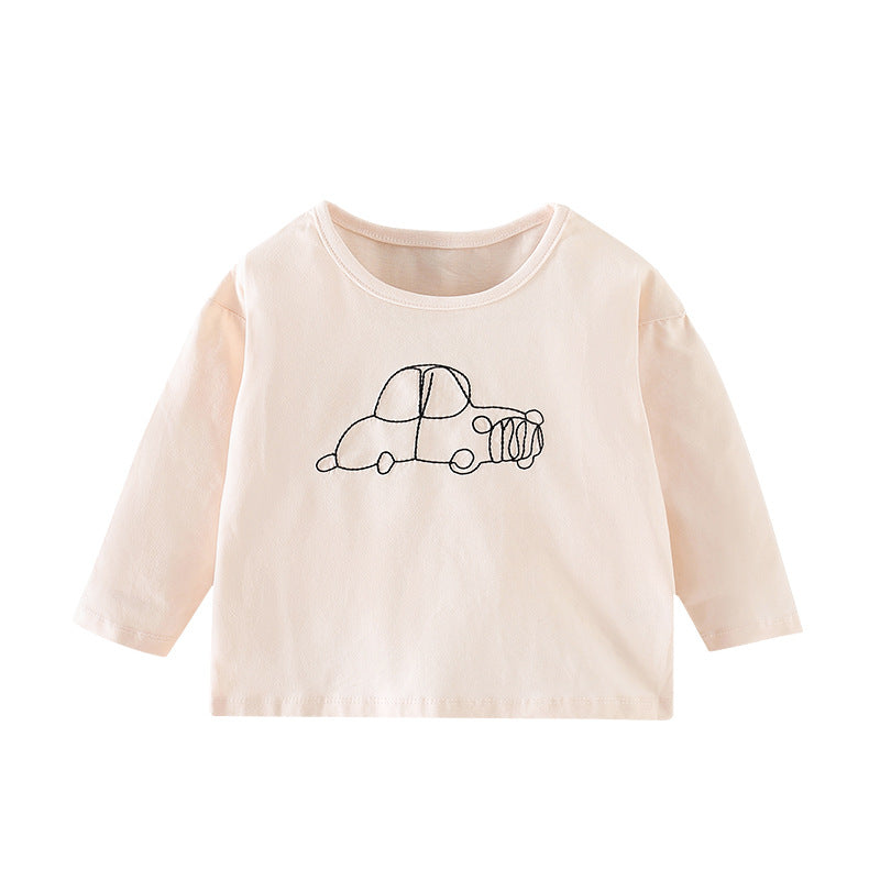 A vibrant pink long sleeve shirt for baby girls featuring a cute embroidered car graphic, made from soft cotton material.