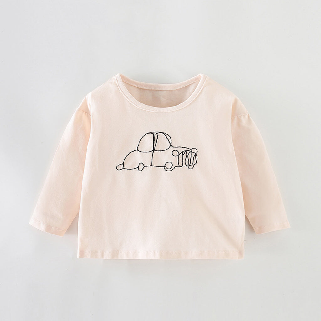 A vibrant pink long sleeve shirt for baby girls featuring a cute embroidered car graphic, made from soft cotton material.