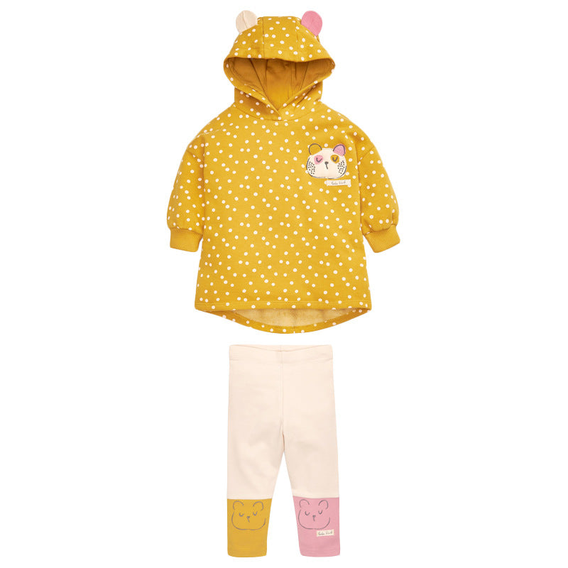 Baby Girl Car Patched & Dot Graphic Long Hoodie Combo Leggings set in pink and yellow, featuring playful car patches and polka dot patterns.