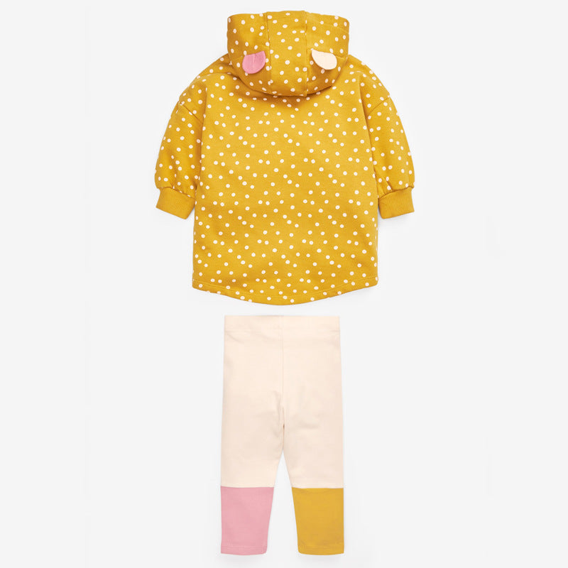 Baby Girl Car Patched & Dot Graphic Long Hoodie Combo Leggings set in pink and yellow, featuring playful car patches and polka dot patterns.