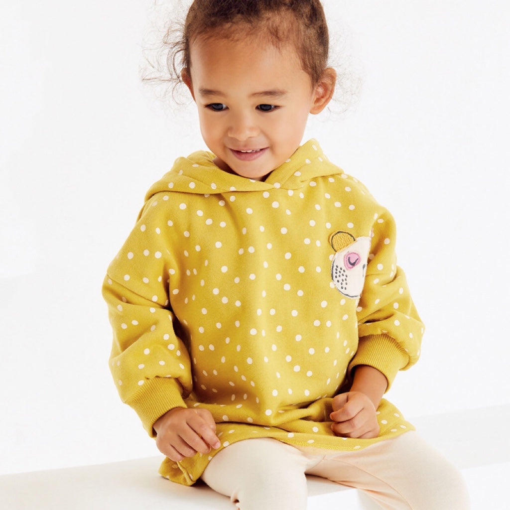 Baby Girl Car Patched & Dot Graphic Long Hoodie Combo Leggings set in pink and yellow, featuring playful car patches and polka dot patterns.