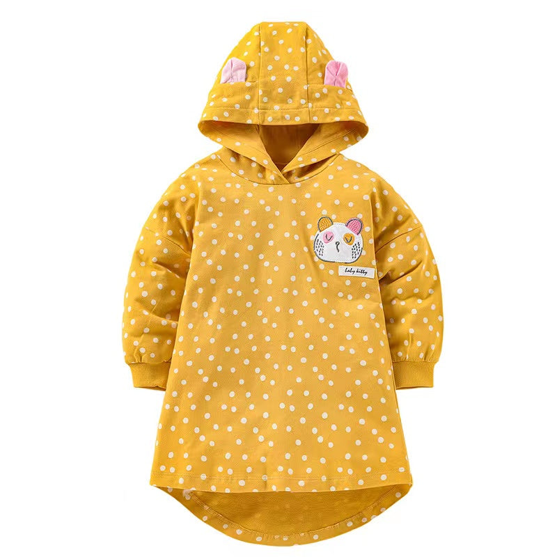 Baby Girl Car Patched & Dot Graphic Long Hoodie Combo Leggings set in pink and yellow, featuring playful car patches and polka dot patterns.